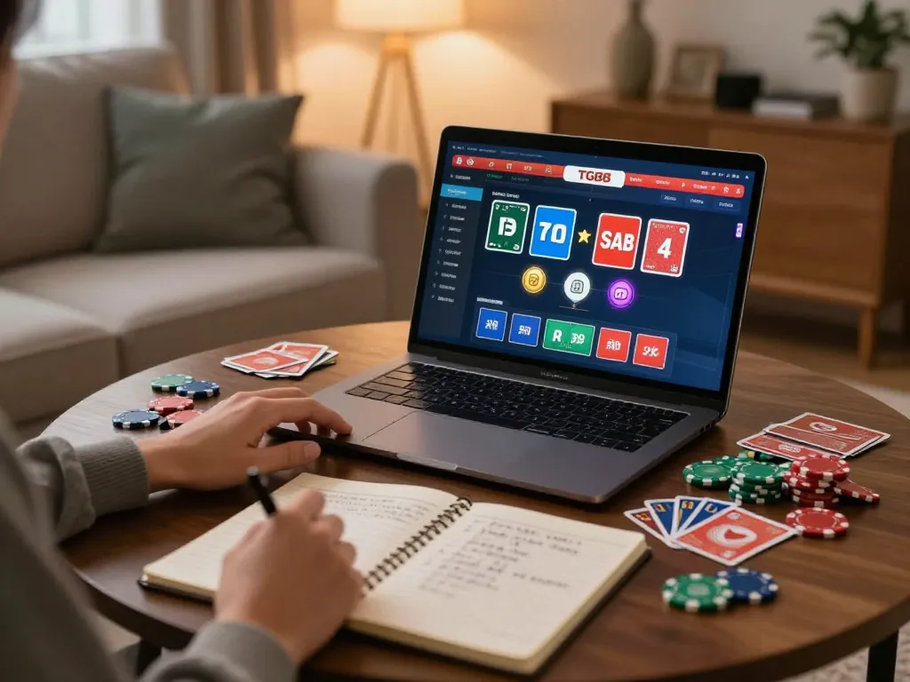 Engaging with the TG88 online casino on a laptop while planning betting strategies in a cozy home setting.