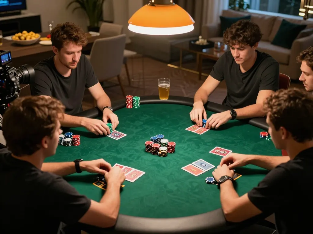 Intense poker game at home showcasing DA88 strategy with friends engaged in Texas Hold'em.