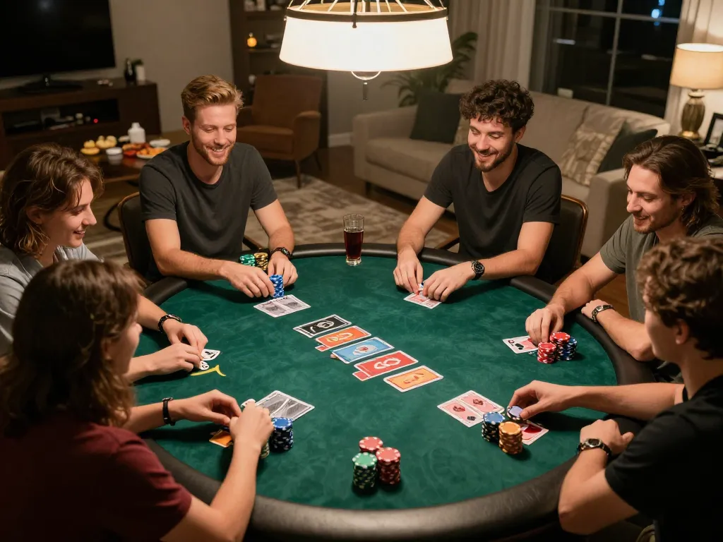 Poker night with friends using 79kin betting strategies around a table, vibrant gameplay action.