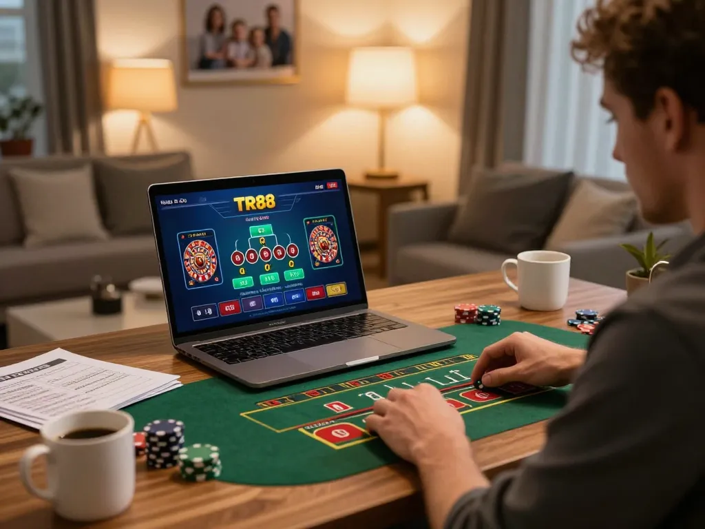 Player enjoying TR88 live dealer game on laptop in cozy home office setting, showcasing online gambling excitement.