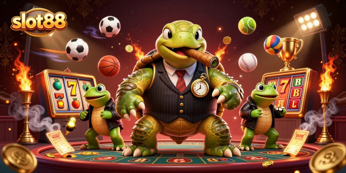 slot88 showcases dynamic gameplay with a snapping turtle mobster and bullfrog enforcers in an engaging casino scene