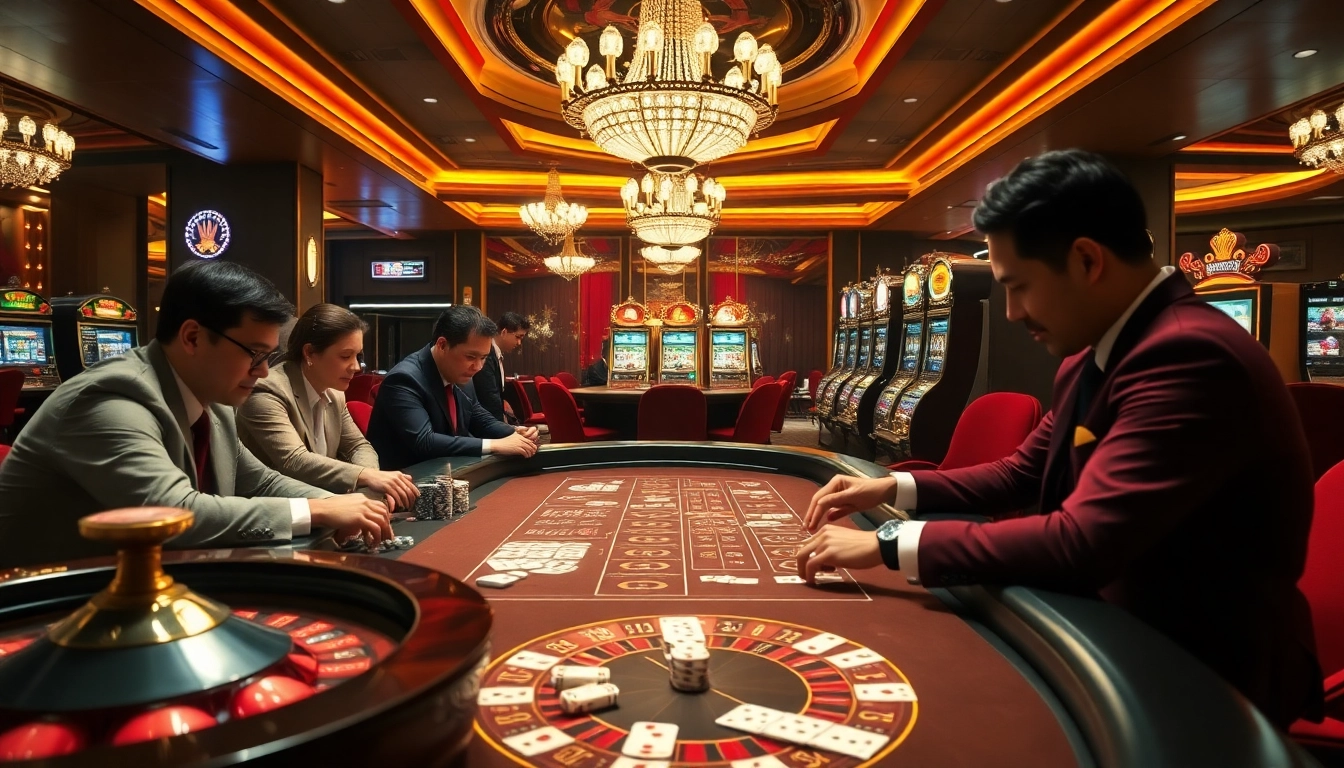 Engaged gamblers at a luxurious casino represented by tylenhacai7.com, experiencing excitement with poker chips and cards.