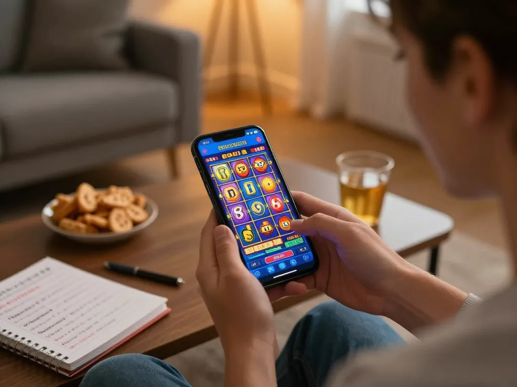 Engaging with the Mega888 online casino app on a smartphone while enjoying a cozy home environment.
