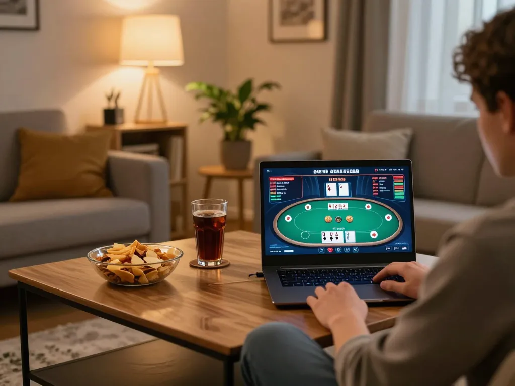 Person engaging in online gambling on lv88 com at home, enjoying snacks and focused on the poker game.