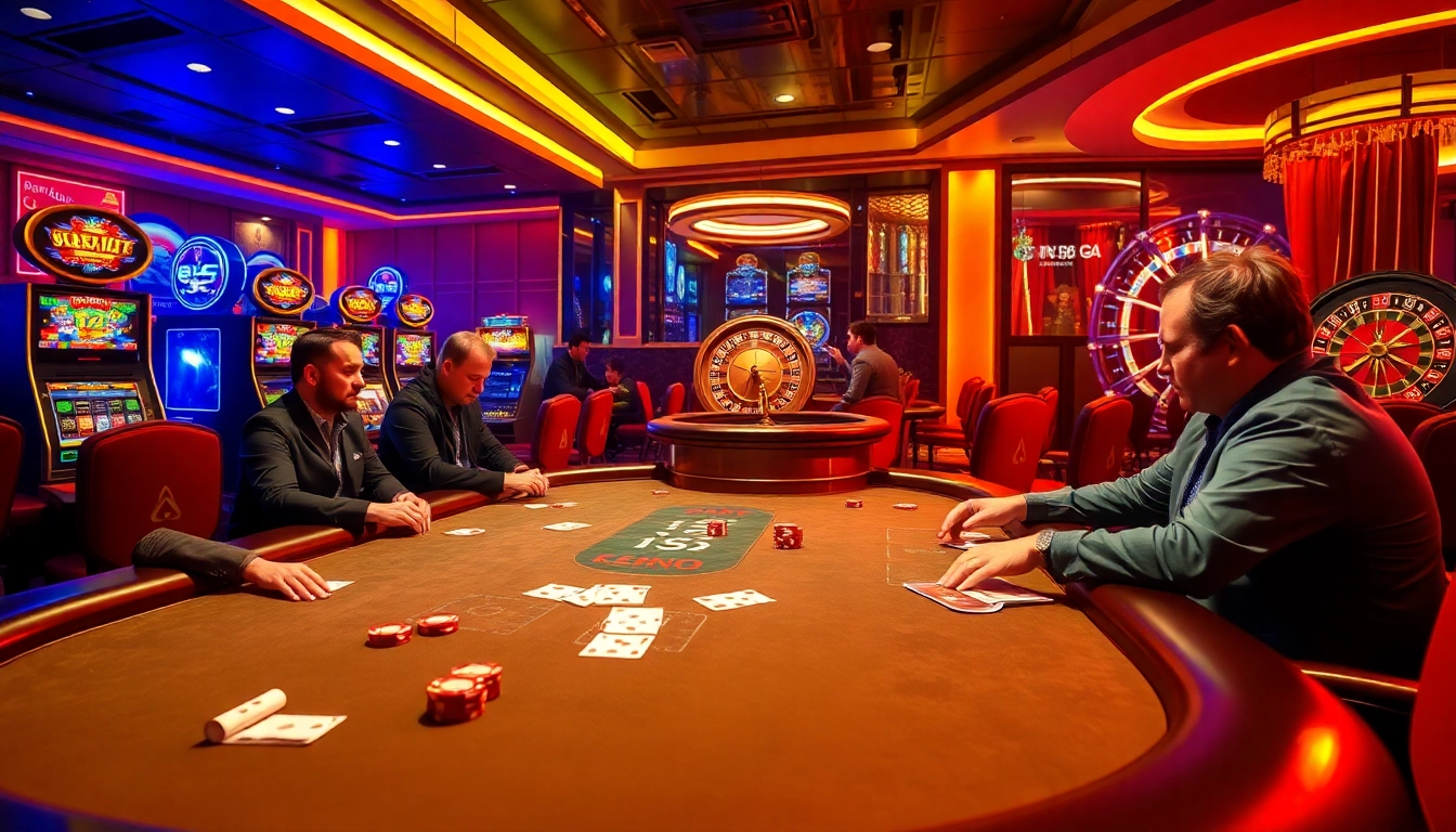 Engaged gamblers enjoying a thrilling poker game and slot machines at https://nk88net.com/ casino scene.