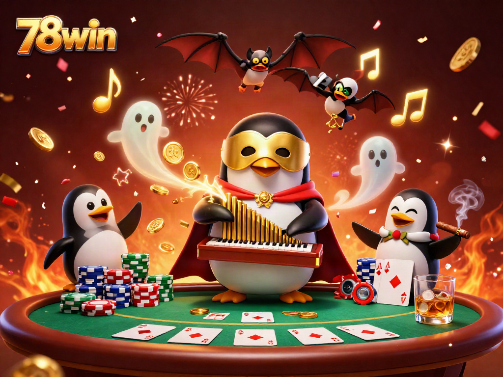 Experience thrilling moments at 78win with a vibrant casino scene featuring a penguin organist.