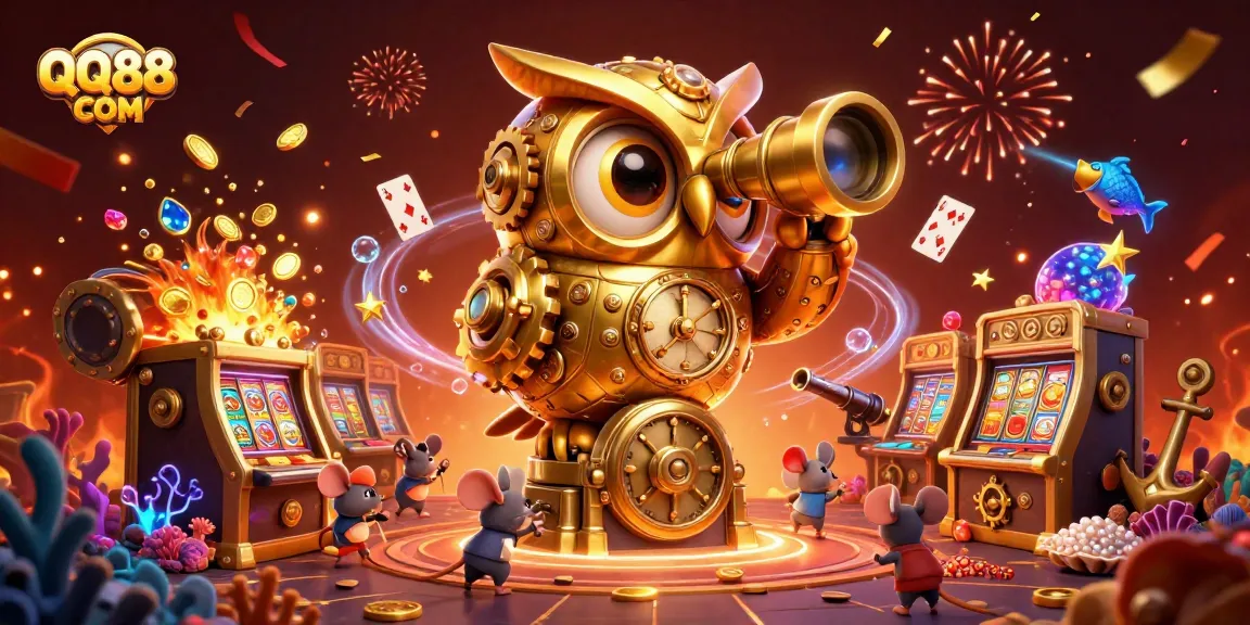Experience the exciting world of QQ88 COM with a vibrant 3D casino scene featuring whimsical characters and enchanting game elements.
