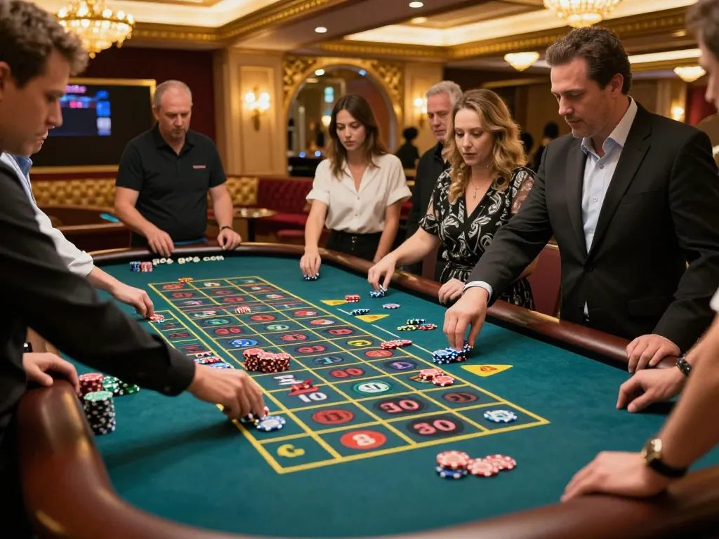 Players engaging at a roulette table in a luxurious casino, highlighting the excitement of go8 com.