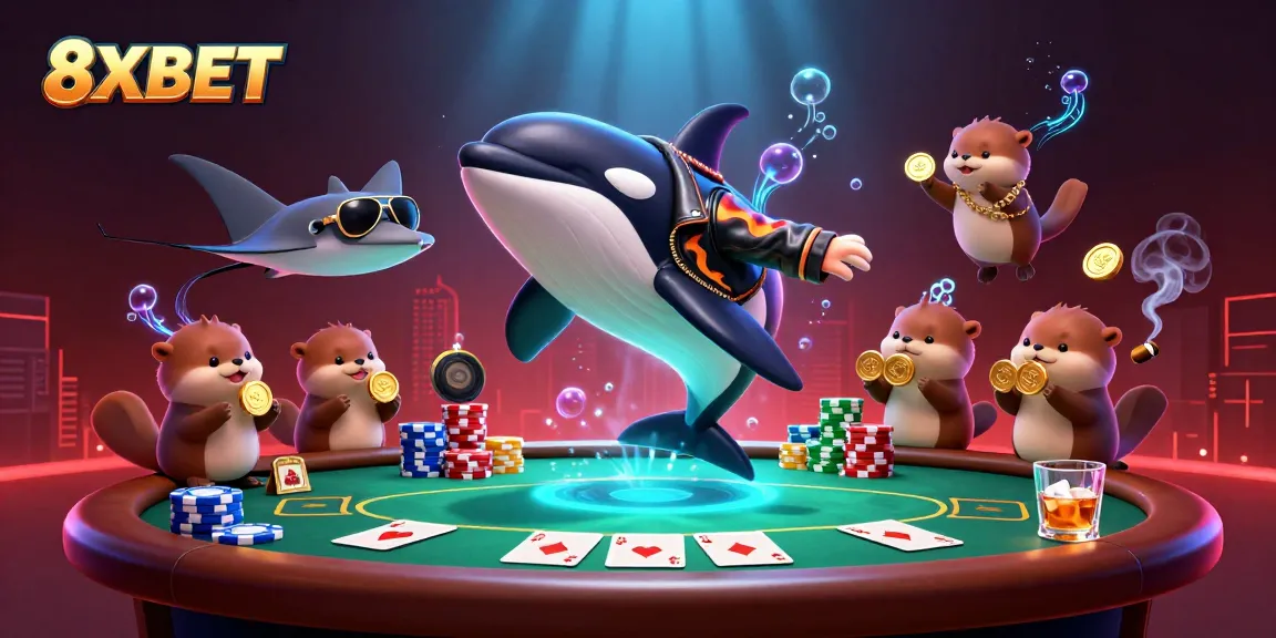 Experience thrilling gambling action with 8XBET in this vibrant and dynamic casino-themed illustration.