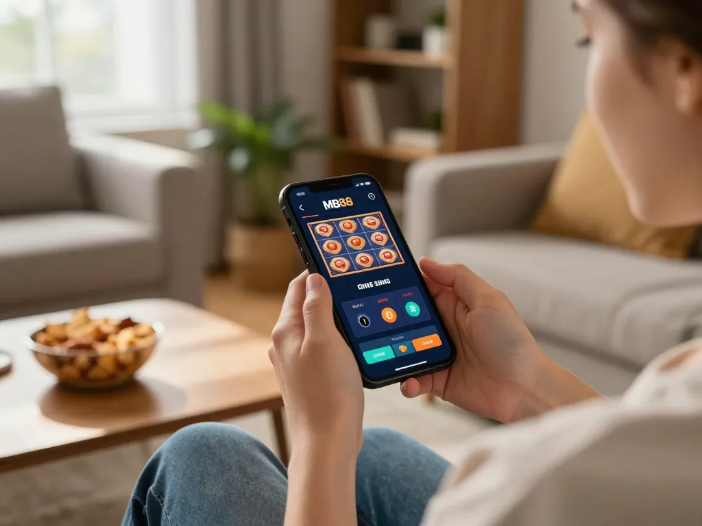 Player enjoying MB88 casino app on smartphone, showcasing live dealer games and slot options