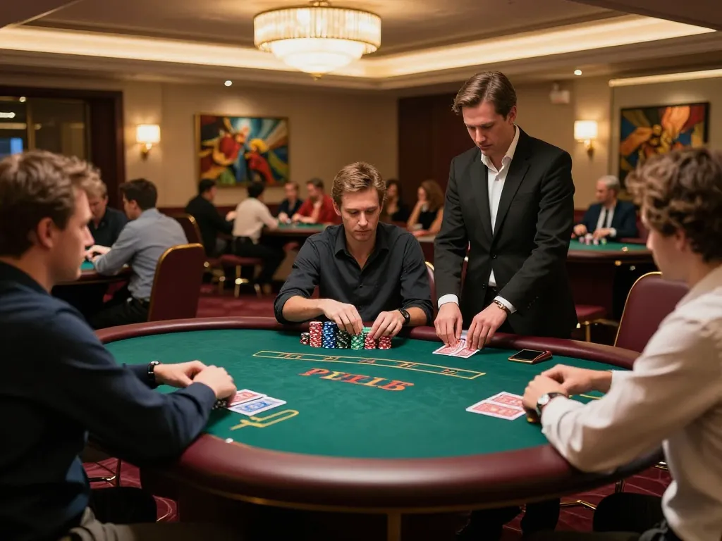 F168 poker players engaged in a strategic game at a luxurious casino table with warm lighting.