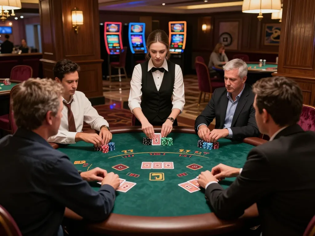 Players engaged in the strategic gameplay of lucky88 blackjack with attentive dealer and warm casino ambiance.