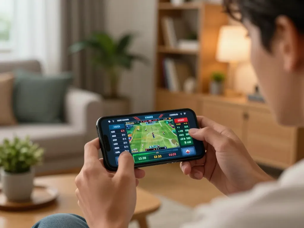 Engaging in live sports betting via smartphone on 99win com in a cozy living room setting.