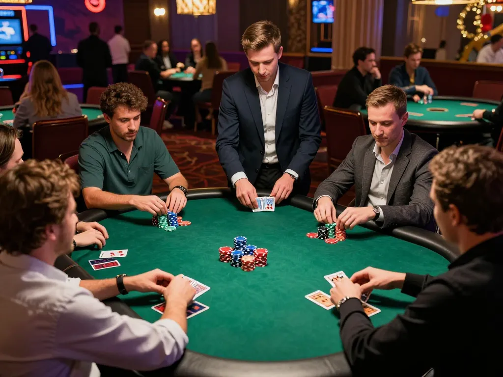 Players at a vibrant 258bet poker game strategizing over cards with colorful chips.