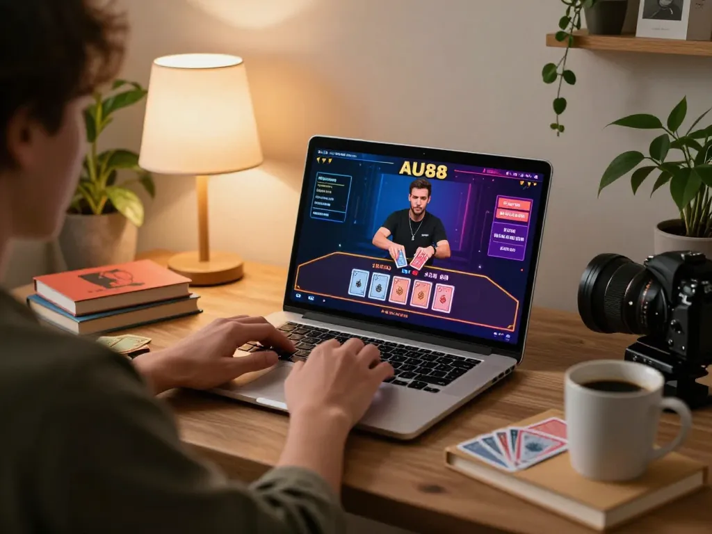 The engaging online gaming experience at au88 broker showcased with a relaxed player enjoying live dealer games at home.