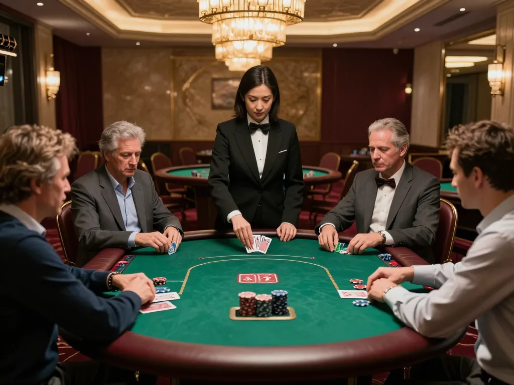 Players strategizing in an upscale poker room at OKFUN casino, showcasing the thrill of high-stakes gaming.