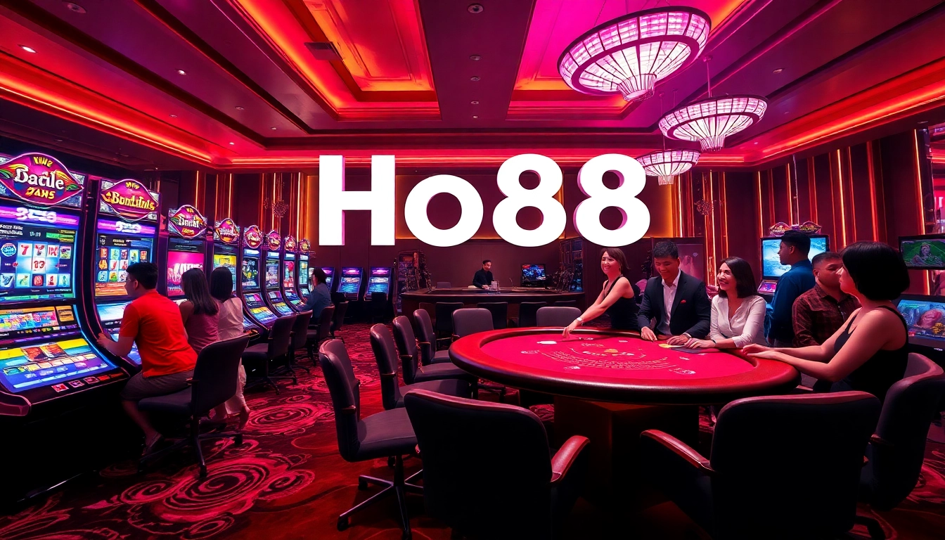 Ho88 casino promotional poster showcasing luxurious gaming experience with live dealer and digital slot machines.