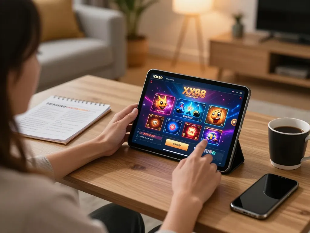 Player engaging with XX88 online casino on tablet in cozy home environment