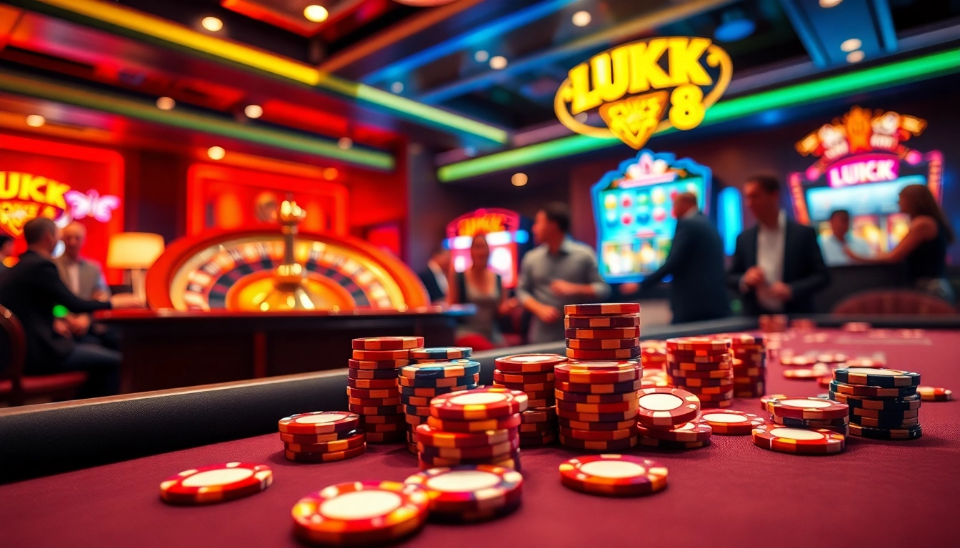 Excited players engaging in a casino scene, featuring LUCK 8 elements, with vibrant poker chips and a spinning roulette wheel.