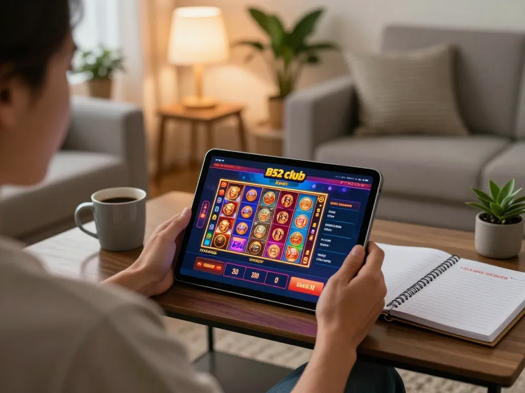Playing online casino games at B52 club using a tablet in a cozy home environment