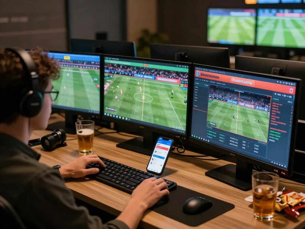 Placing bets on ZBET app during a live sports event in a modern workspace