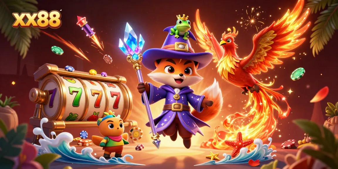 Experience winning with xx88 in a vibrant casino-themed 3D illustration filled with dynamic gaming elements.