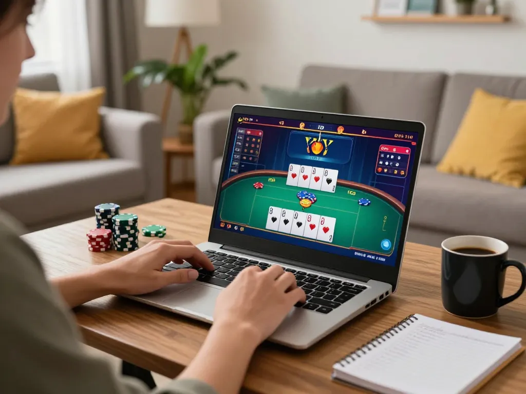 Engaging moment of a player enjoying online gambling on 77789vip from home, featuring poker gameplay.