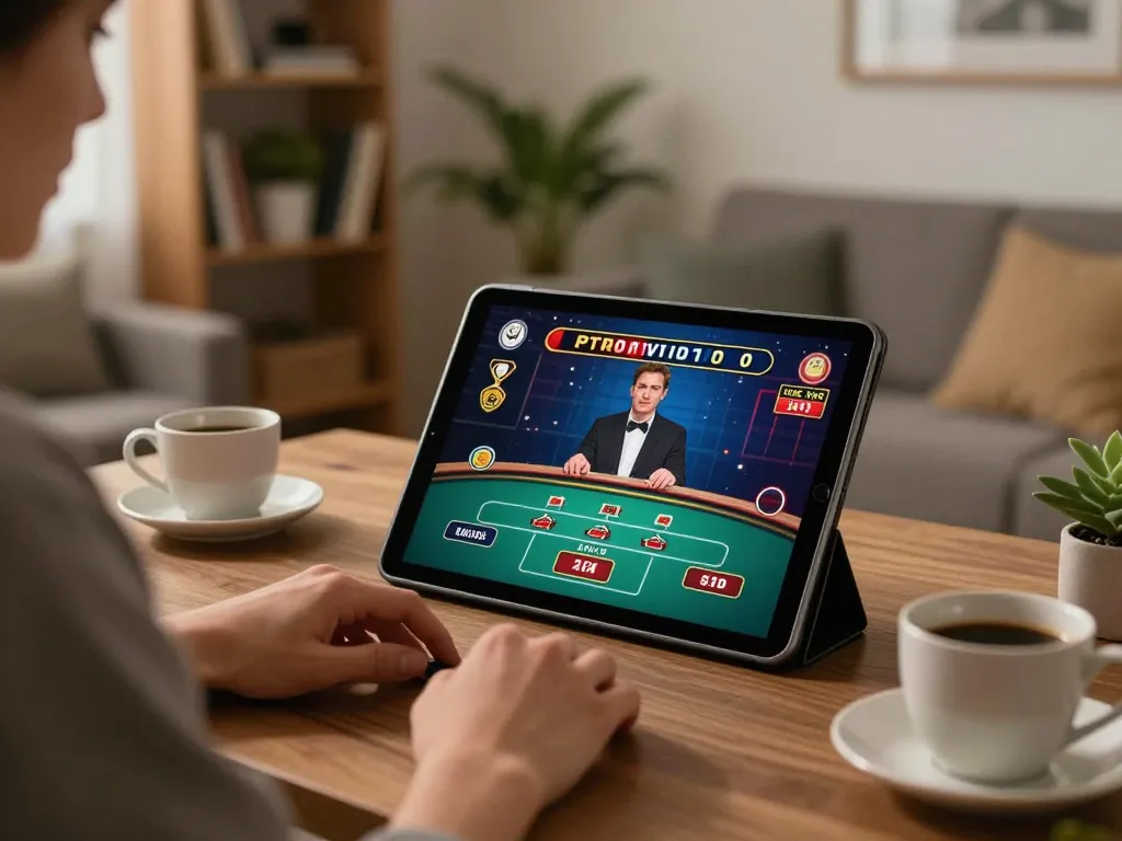 Engaged player at hit club using tablet for online casino gaming in a cozy setting.