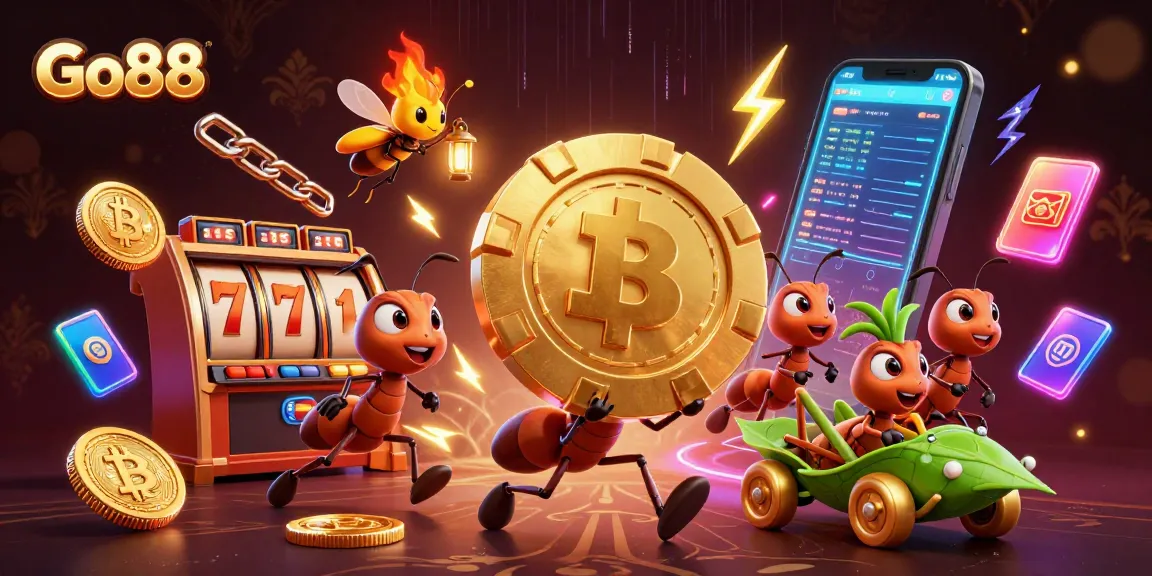Go88's dynamic 3D scene shows ants executing a heist with a golden poker chip amidst casino elements.