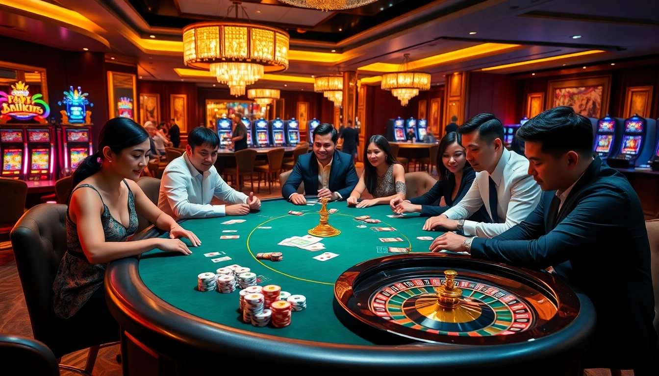 Casino gamblers enjoying an exciting game at xin88, showcasing poker chips and cards in a vibrant setting.
