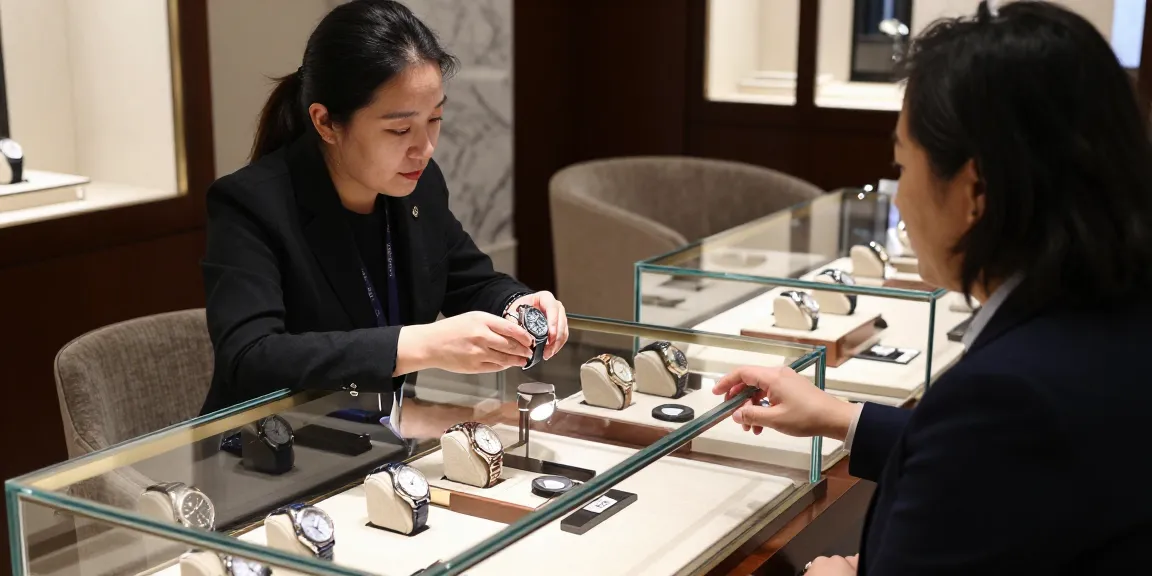 Premium luxury replica watch showroom with a salesperson assisting a customer in choosing a stylish replica watch, capturing the essence of sophistication.
