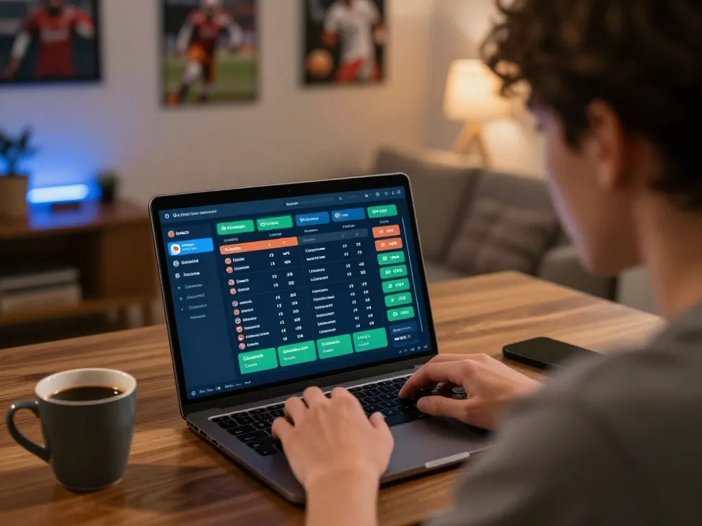 Engaging in sports betting on fly88 with live odds displayed on laptop screen.