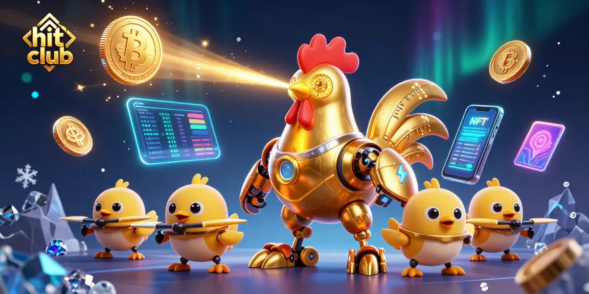 Hit club thrills with golden rooster robot and baby chick drones in dynamic casino scene.