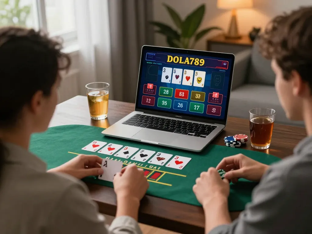DOLA789 players engaging in blackjack strategy at home using a laptop during an online game.