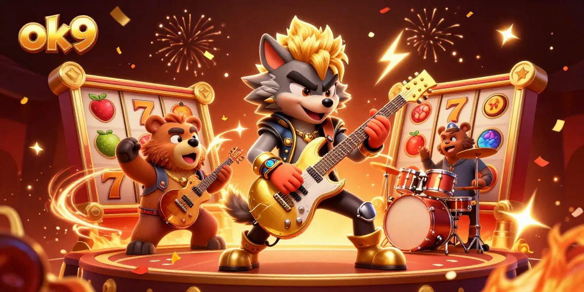 Experience ok9 thrills with a dynamic 3D illustration showcasing slot games and electrifying characters.