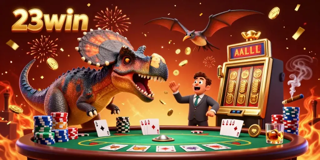 Experience the thrill of 23win as a dinosaur wins jackpots, surrounded by casino excitement.