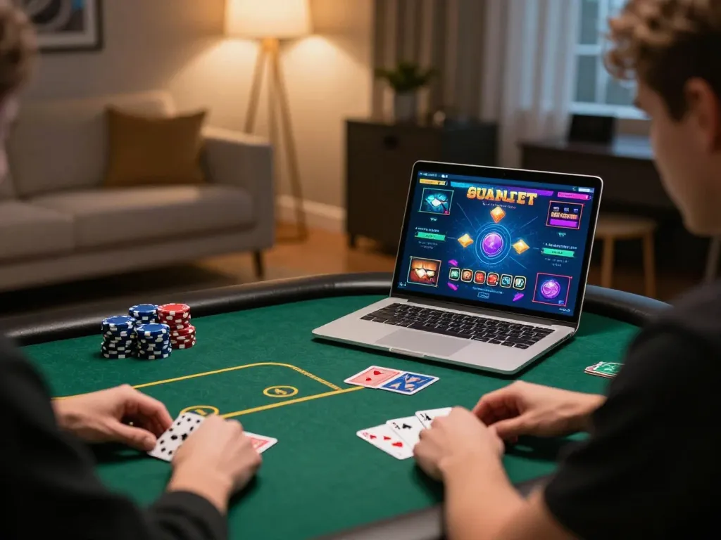 Player enjoying a strategic poker game on LV88 laptop in cozy home setting