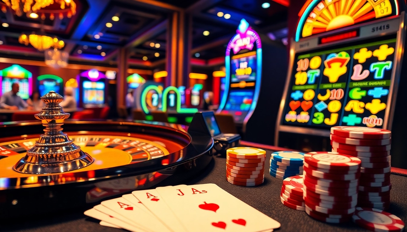 Engaging casino environment showcasing gaming action at https://urr88.com/ with roulette, poker, and slot machines.
