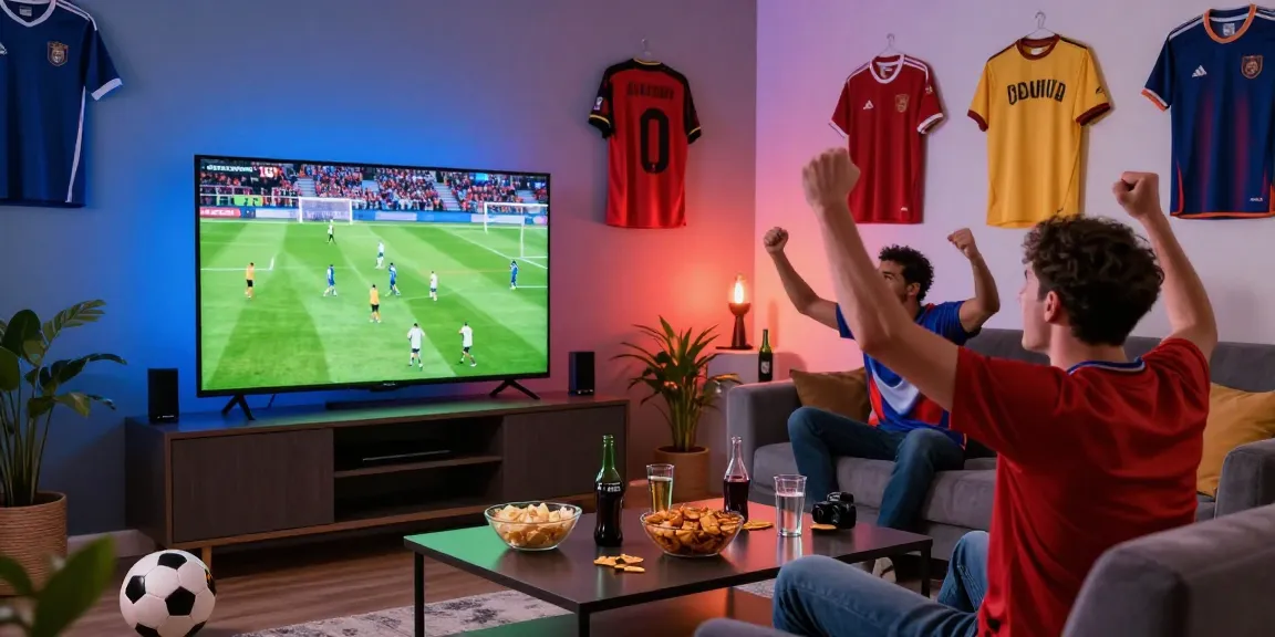 CakhiaTV fans celebrate during a live football match with snacks and jerseys, creating a vibrant atmosphere.