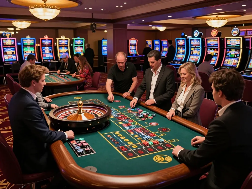 Sunwin players placing bets at an exciting roulette table in a bustling casino atmosphere.