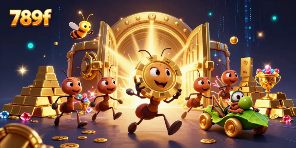 Engaging 789f scene with ants heisting a giant poker chip among sparkling casino treasures.
