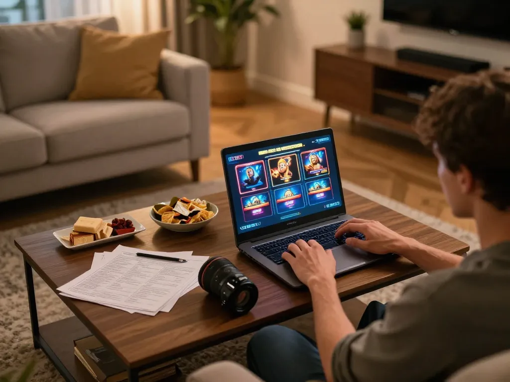Engaging in nk88 bet online slots gameplay at home, embodying a strategic gaming atmosphere in a cozy setting.