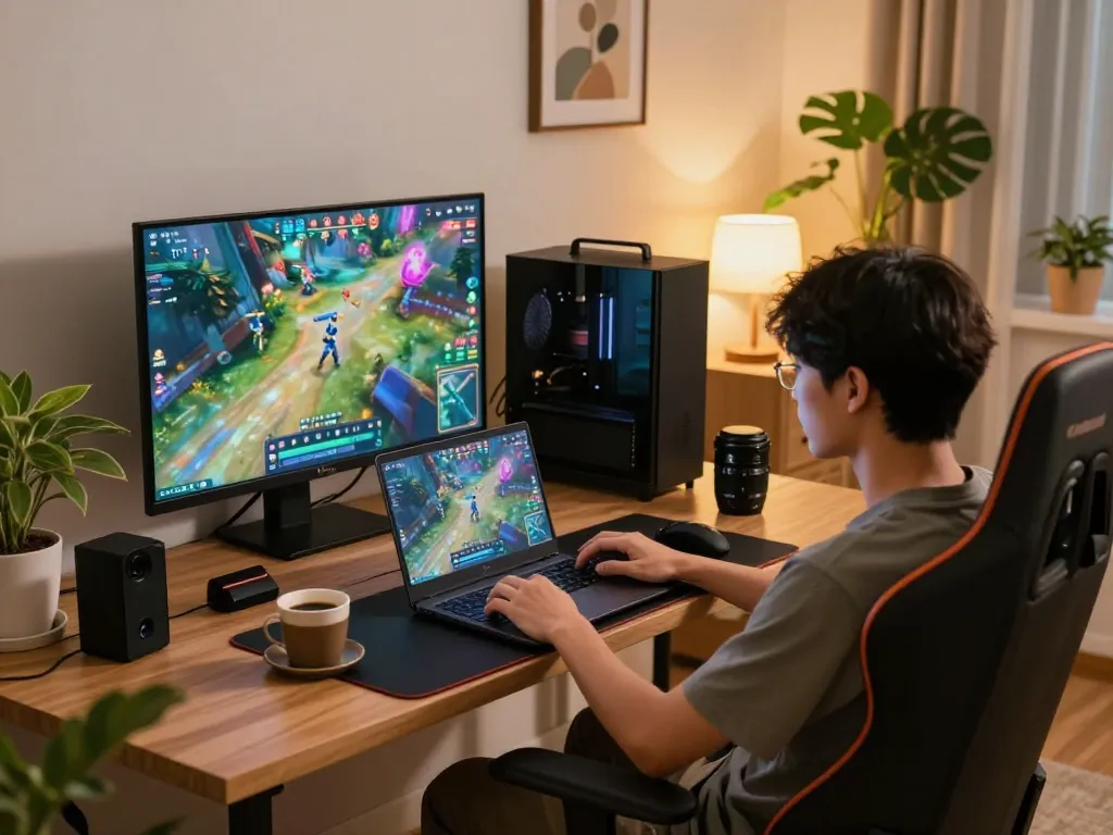 Engaged player enjoying the lc88 game on a sleek laptop at home, showcasing cozy gaming atmosphere.