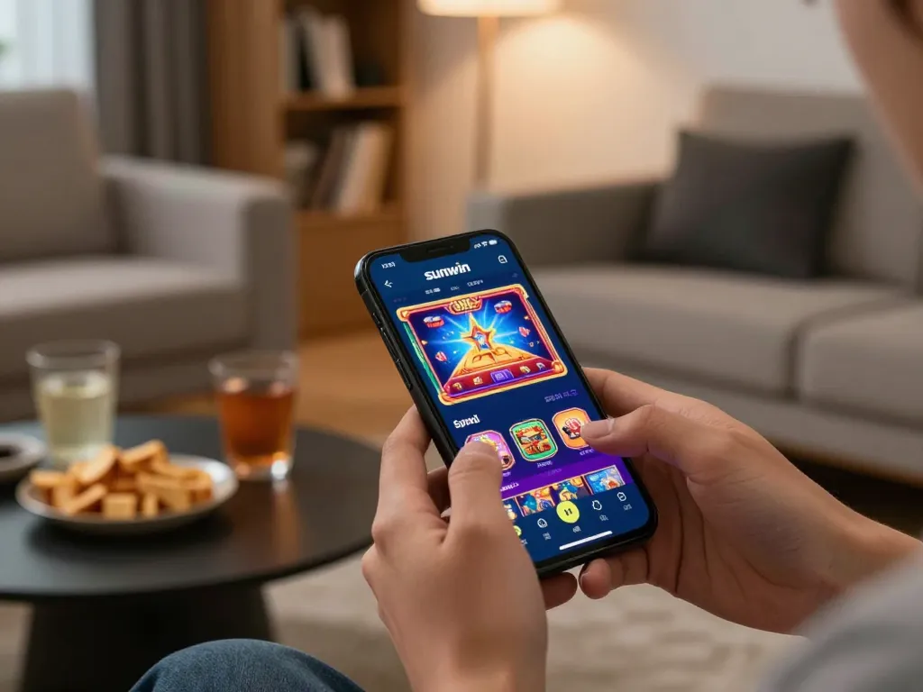 Engage with tải sunwin app on mobile device, showcasing dynamic online casino gaming experience in modern setting