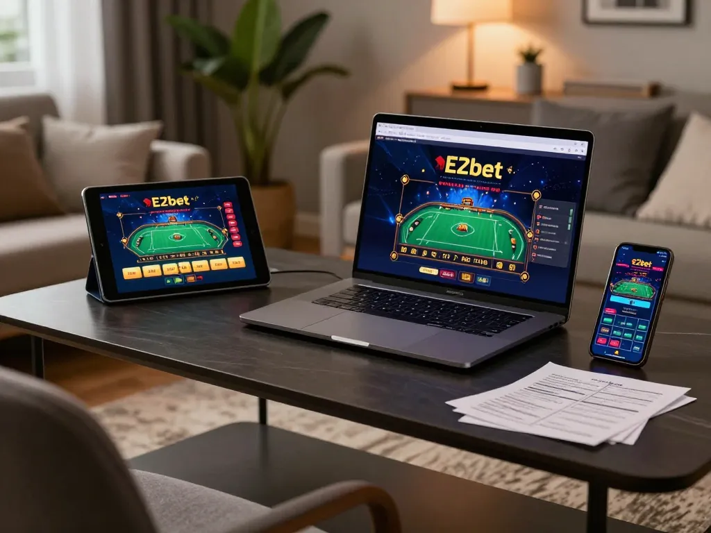 E2bet online casino dashboard displayed on a laptop during a strategic gaming session at home.
