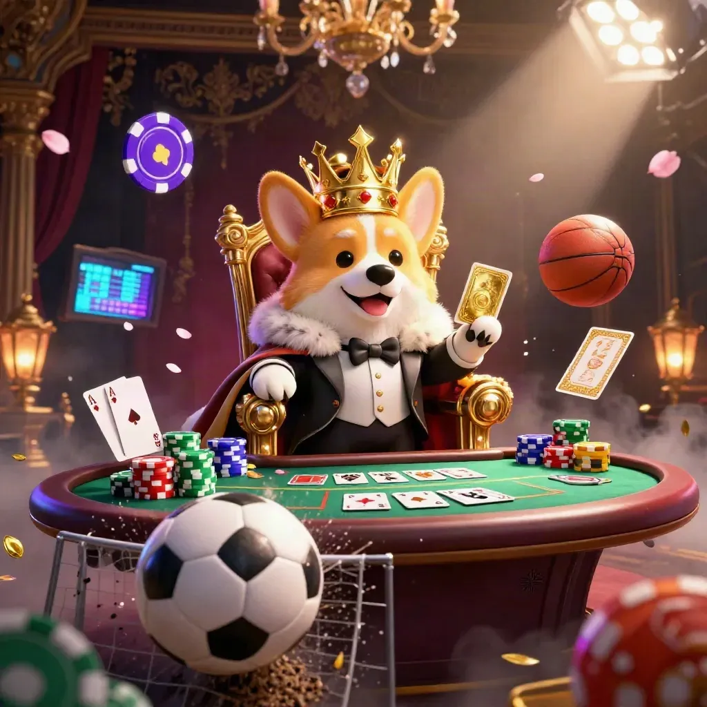 Low-angle royal corgi and cat butler amid casino chips, soccer ball, and glowing sports haze.