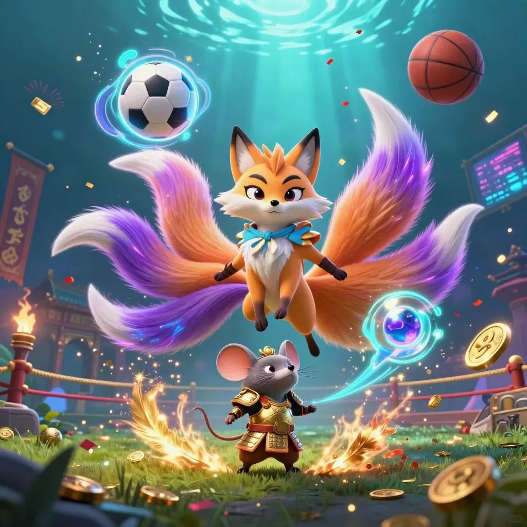 Fox spirit and armoured mouse amid frozen sports balls, coins, sparks, and neon magic