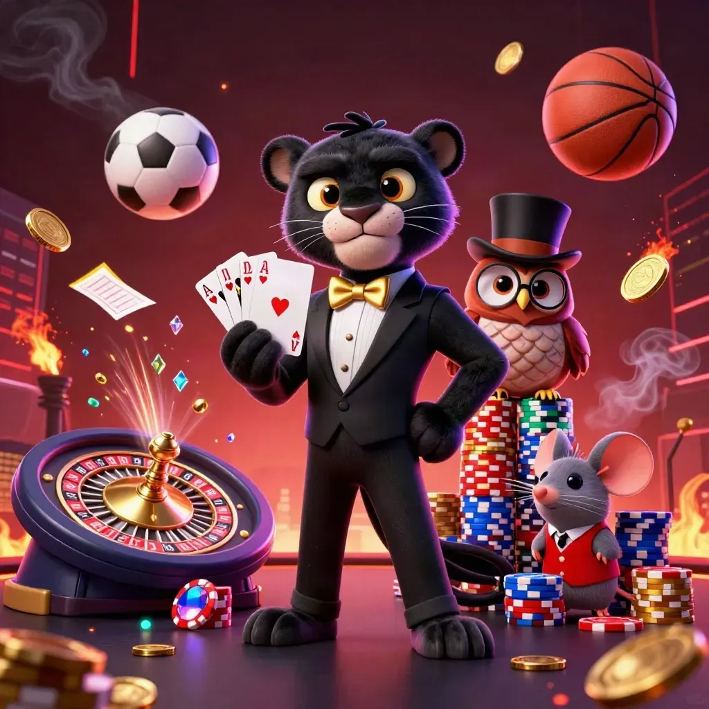 Panther, owl, and mouse amid spinning chips, coins, roulette wheel, soccer ball, and basketball.