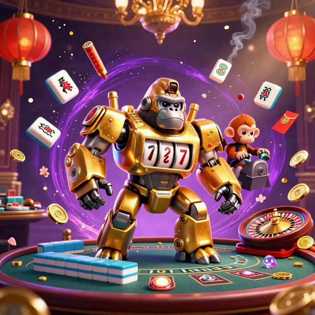 Golden gorilla slot mech with monkey pilot amid neon casino luxuries and lucky symbols