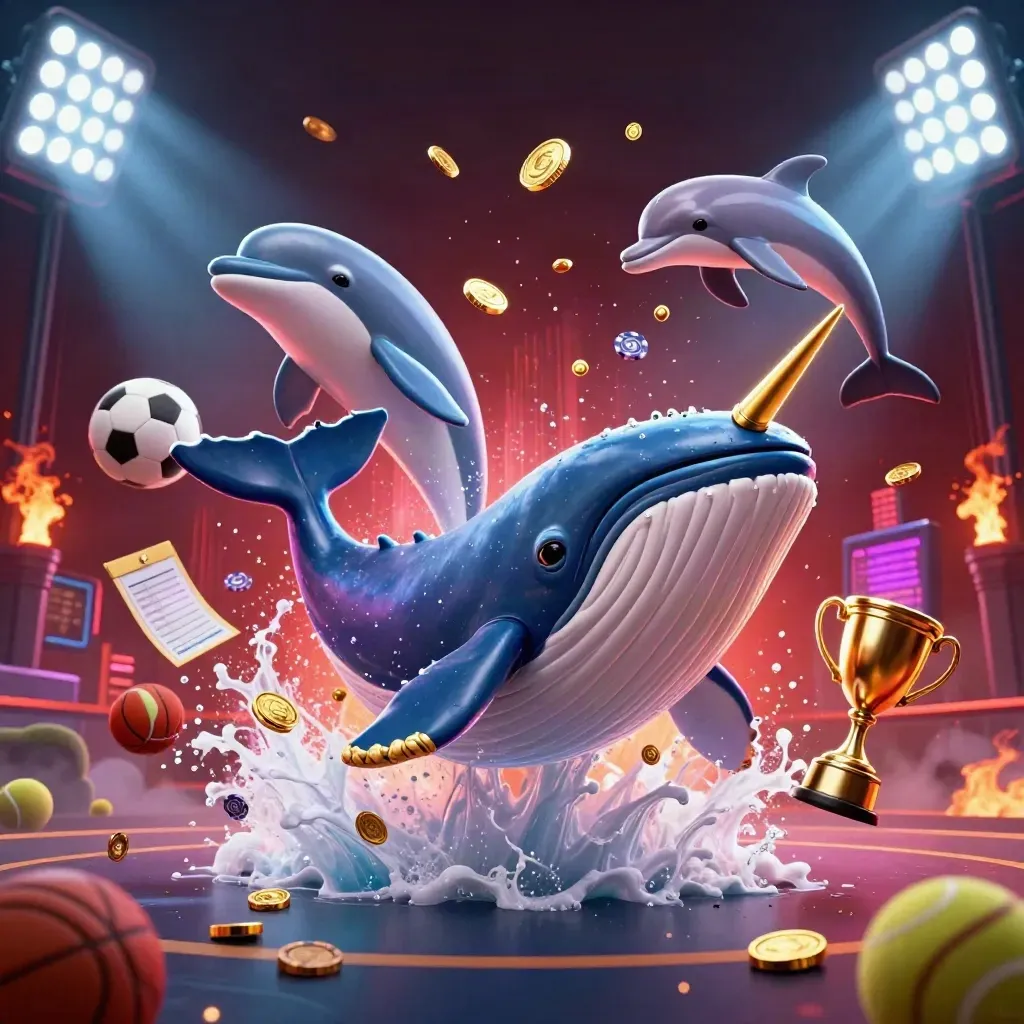 Whale captain, narwhal, dolphins and flying sports balls burst through coins in neon casino art.